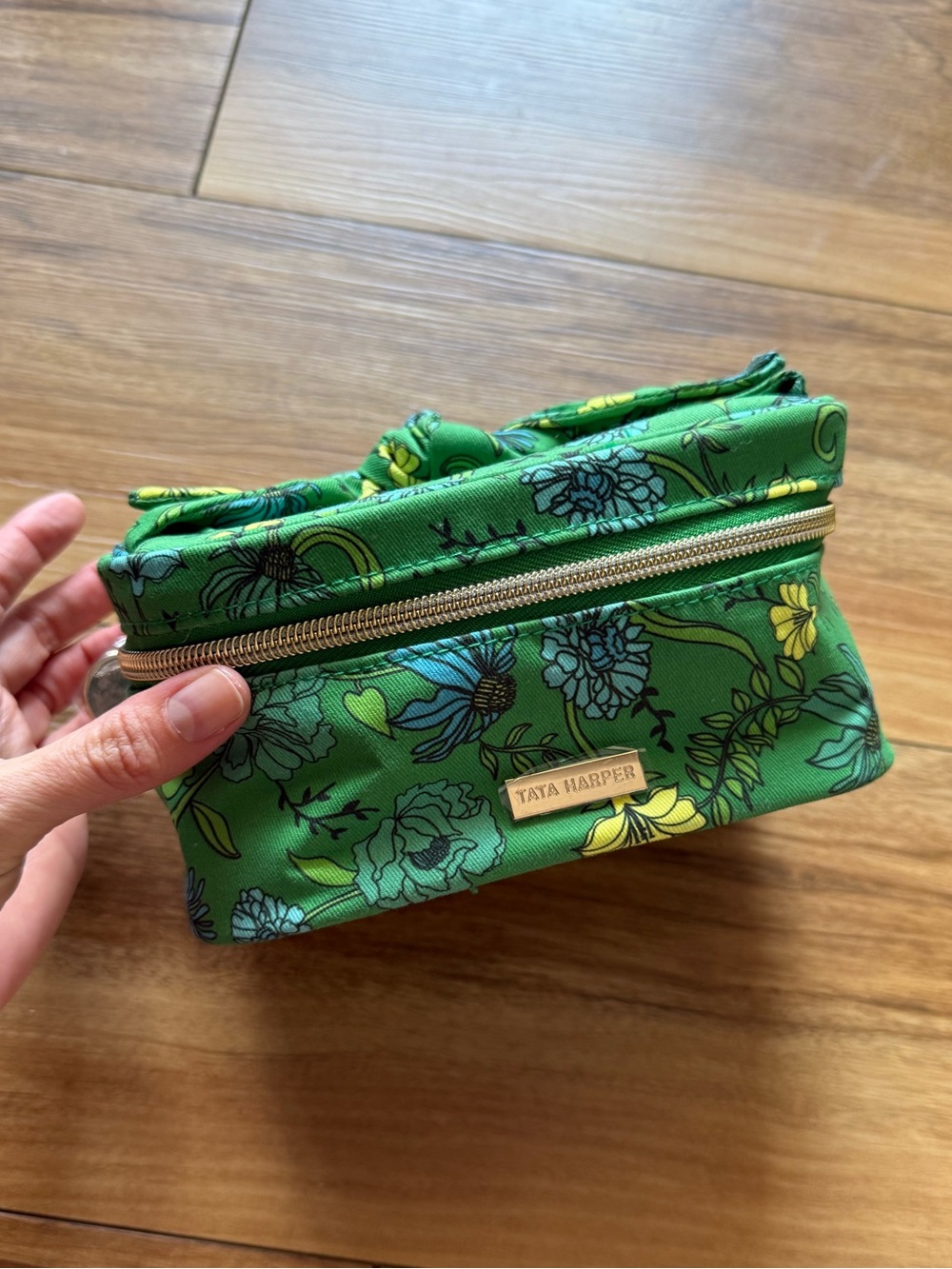 Tata Harper Green Floral Train Case Cosmetic Makeup Bag Bow Handle Vanity Case